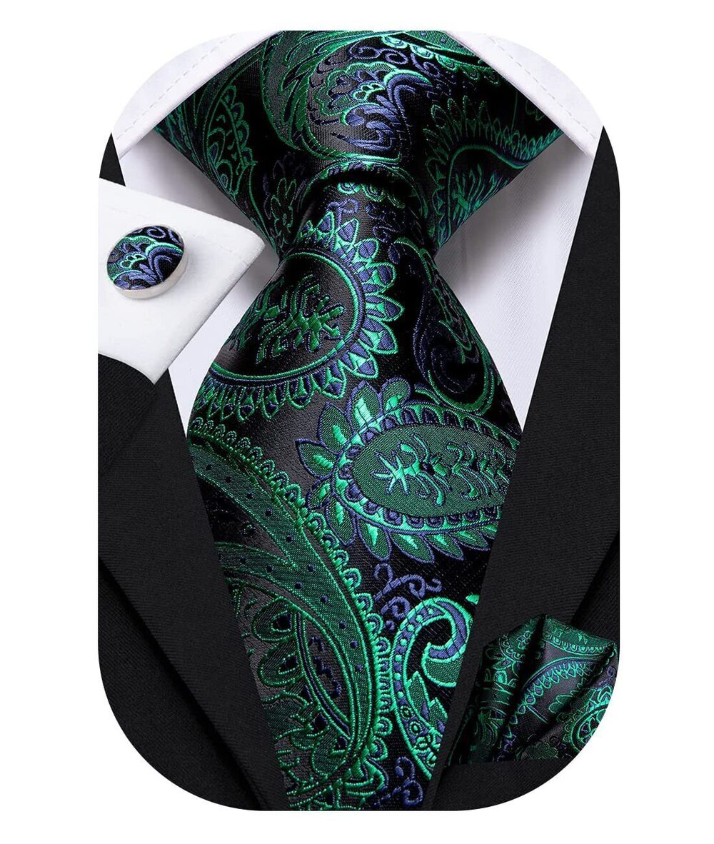1975 Silk Paisley Ties Necktie Pocket Square Cufflinks Set Foral Tie Sets